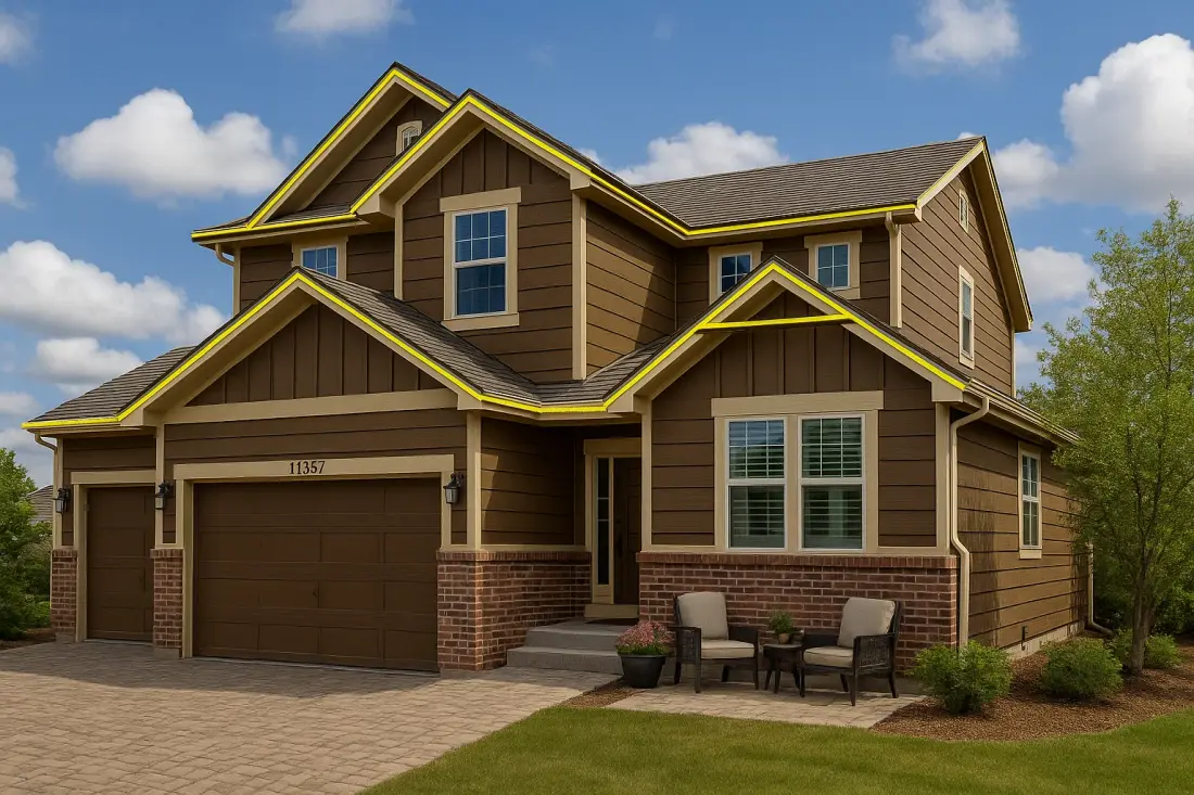Illustration of a two-story house with its roofline sections highlighted in yellow